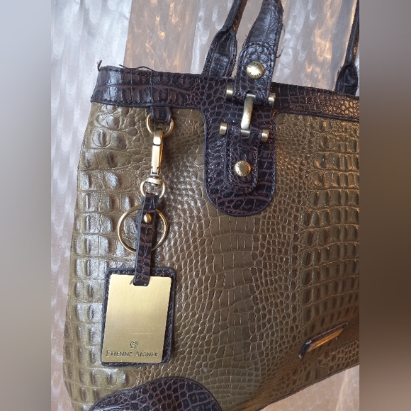 Etienne Aigner Olive Green Croc Embossed Leather Tote Bag